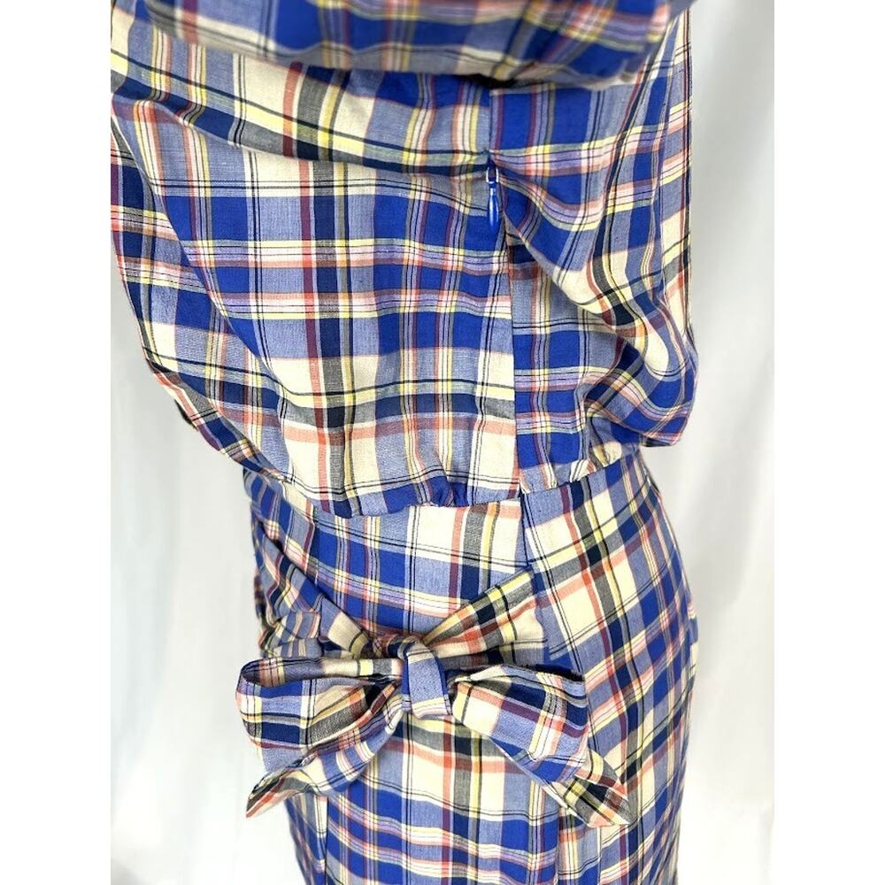 Sezane Plaid Telma Mini Dress Blue Ochre Tartan Ruffle Collar Wrap EU 38 US 6 - Picture 8 of 10